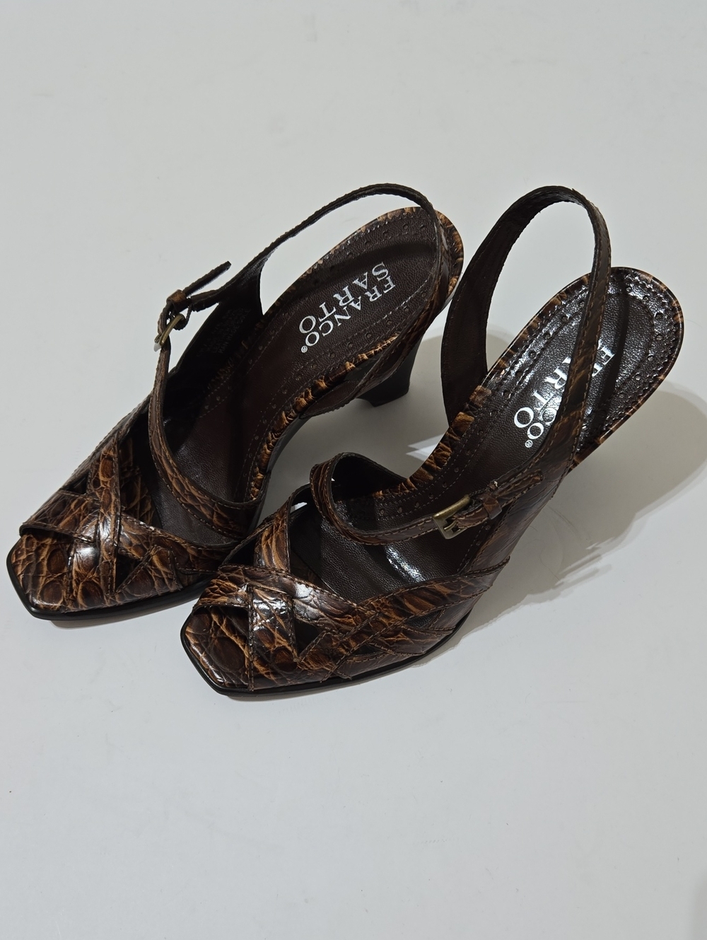Franco Sarto Vintage Brown Leather Croc-Embossed Slingback Heels